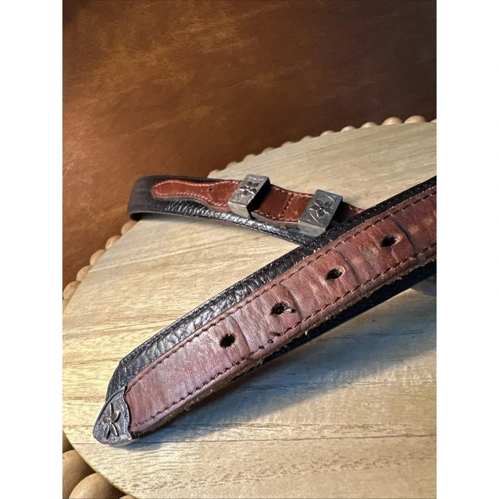 Brighton Belt Womens 36 Two Tone Black Brown And Silver Decor Western